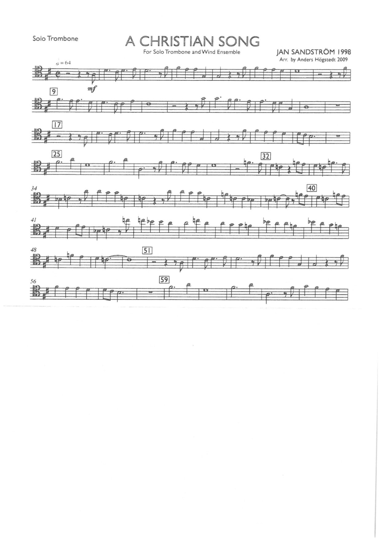Sandström / Högsted: A Christian Song - solo trombone & wind ensemble