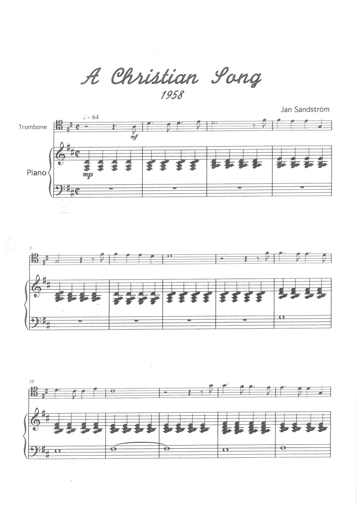 Jan Sandström - A Christian Song, 1 Trombone and Piano