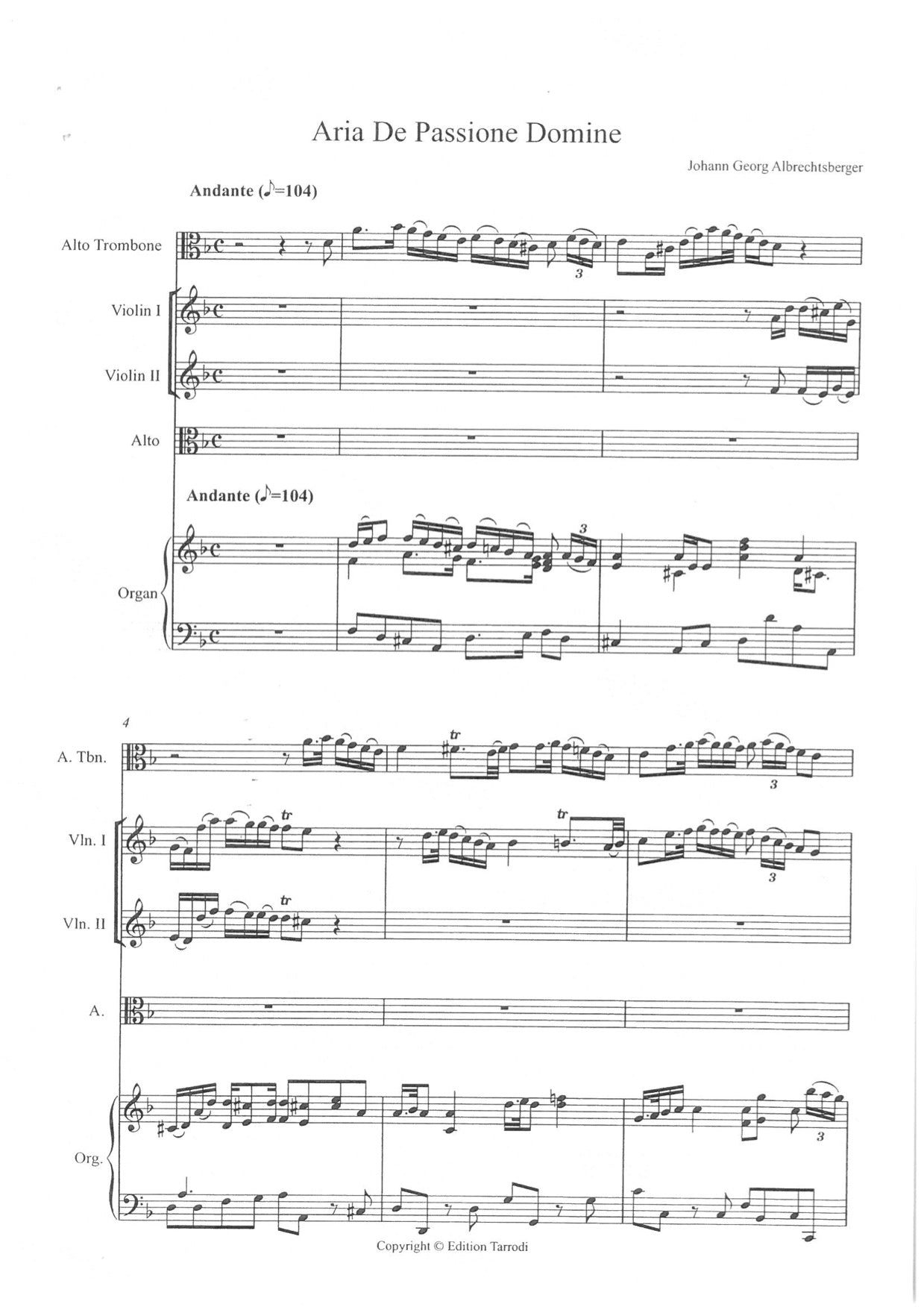 Albrechtberger J.G - Aria de Passione Domine, Alto trombone, voice, strings  & Organ