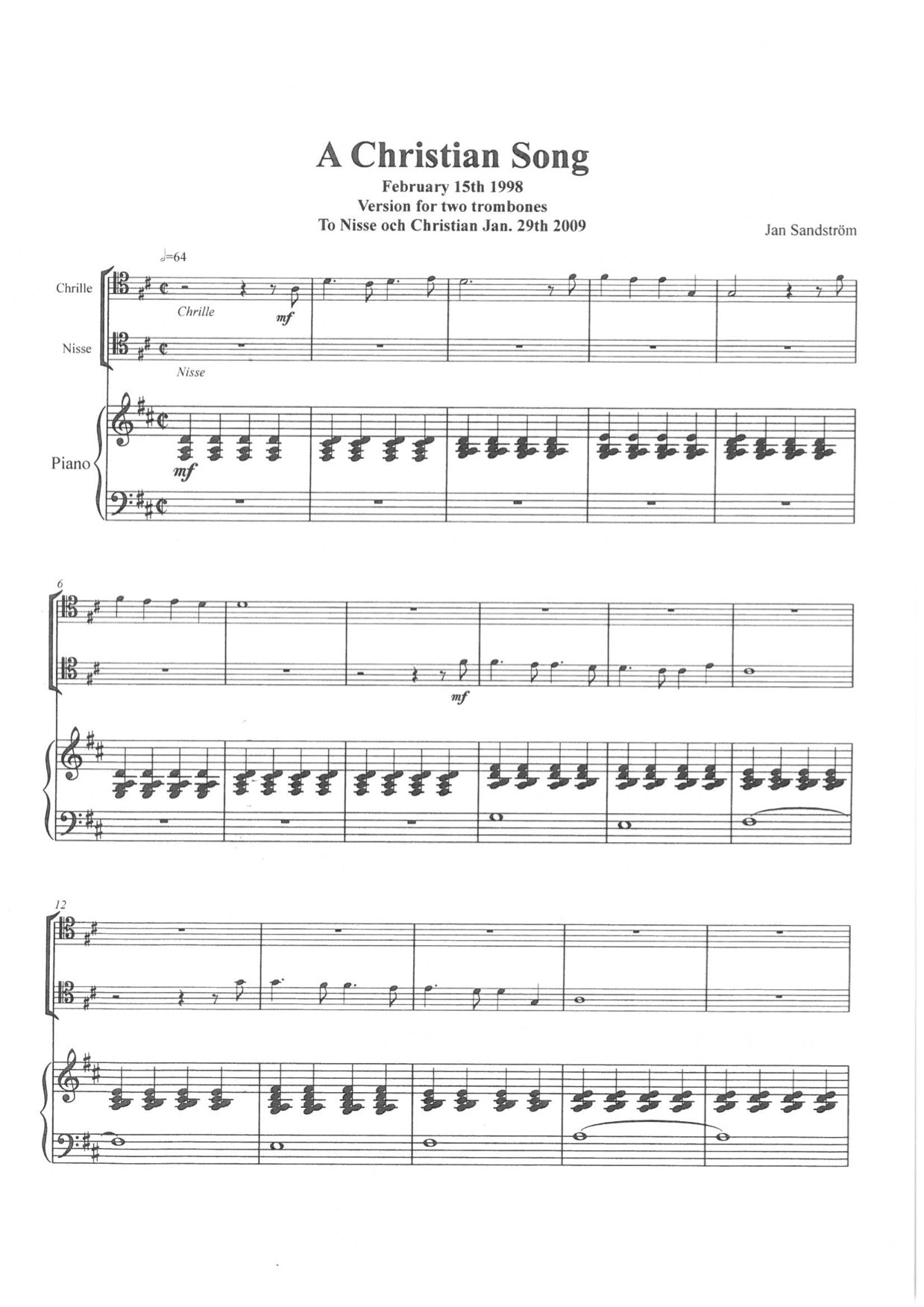 Jan Sandström - A Christian Song, 2 Trombones & Piano
