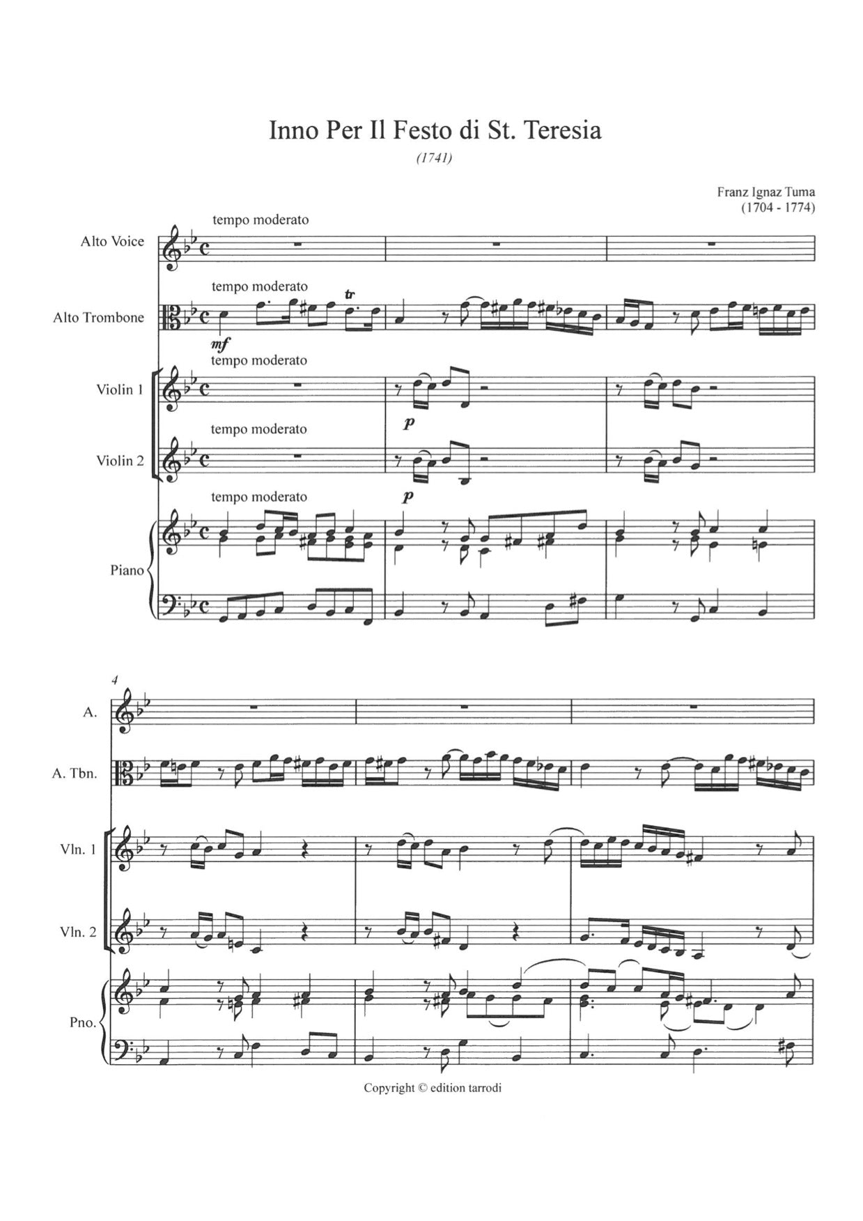 Tuma Franz Ignas - Inno Per Festo di St. Teresia, Alto trombone, Alto voice, 2 Violins & Piano/Organ