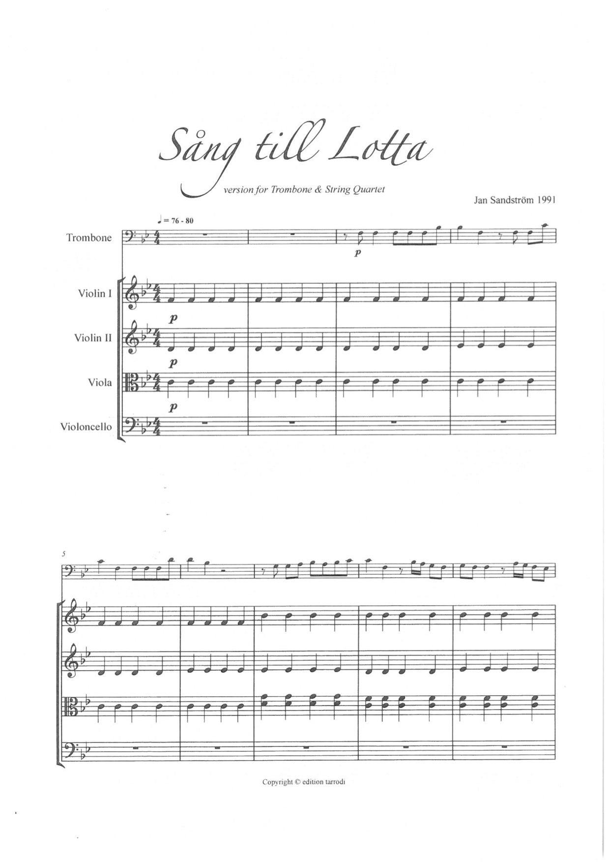 Jan Sandström - Song to Lotta in Bb, Trombone & String Quartet